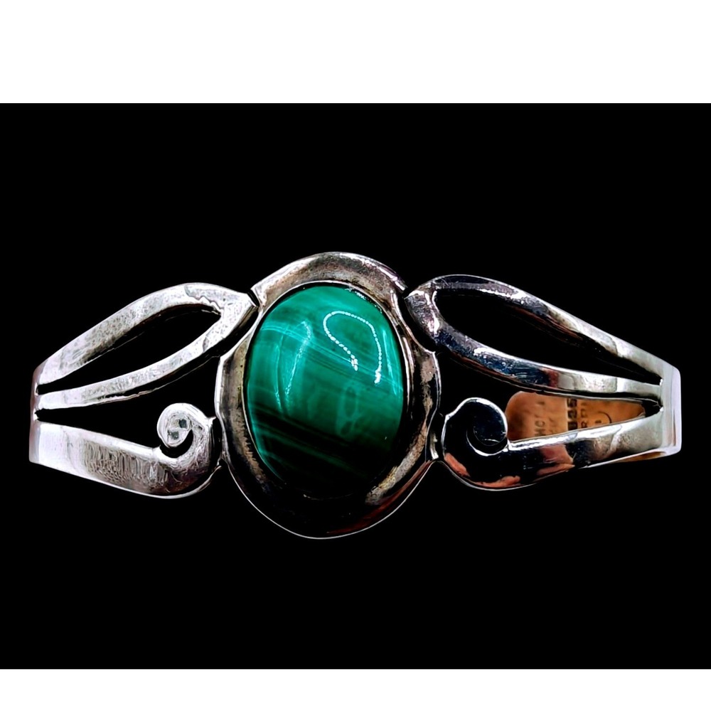 Mexican Sterling Silver Malachite Cuff Bracelet 925 Hecho en Mexico TR-01 27.7g
